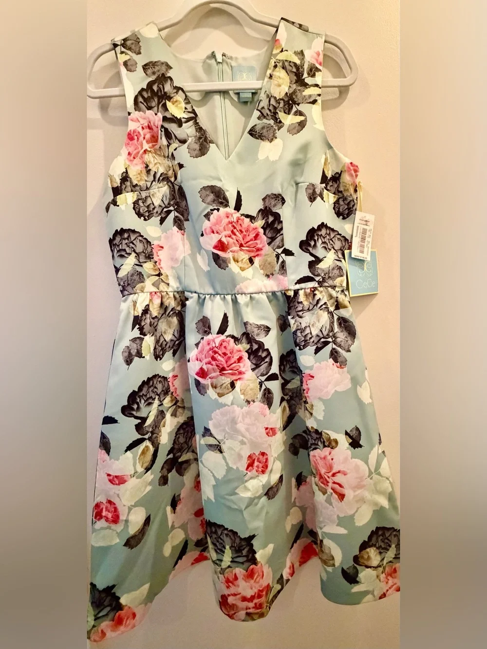 Floral V-Neck Mint Girls Dress with Pink Roses